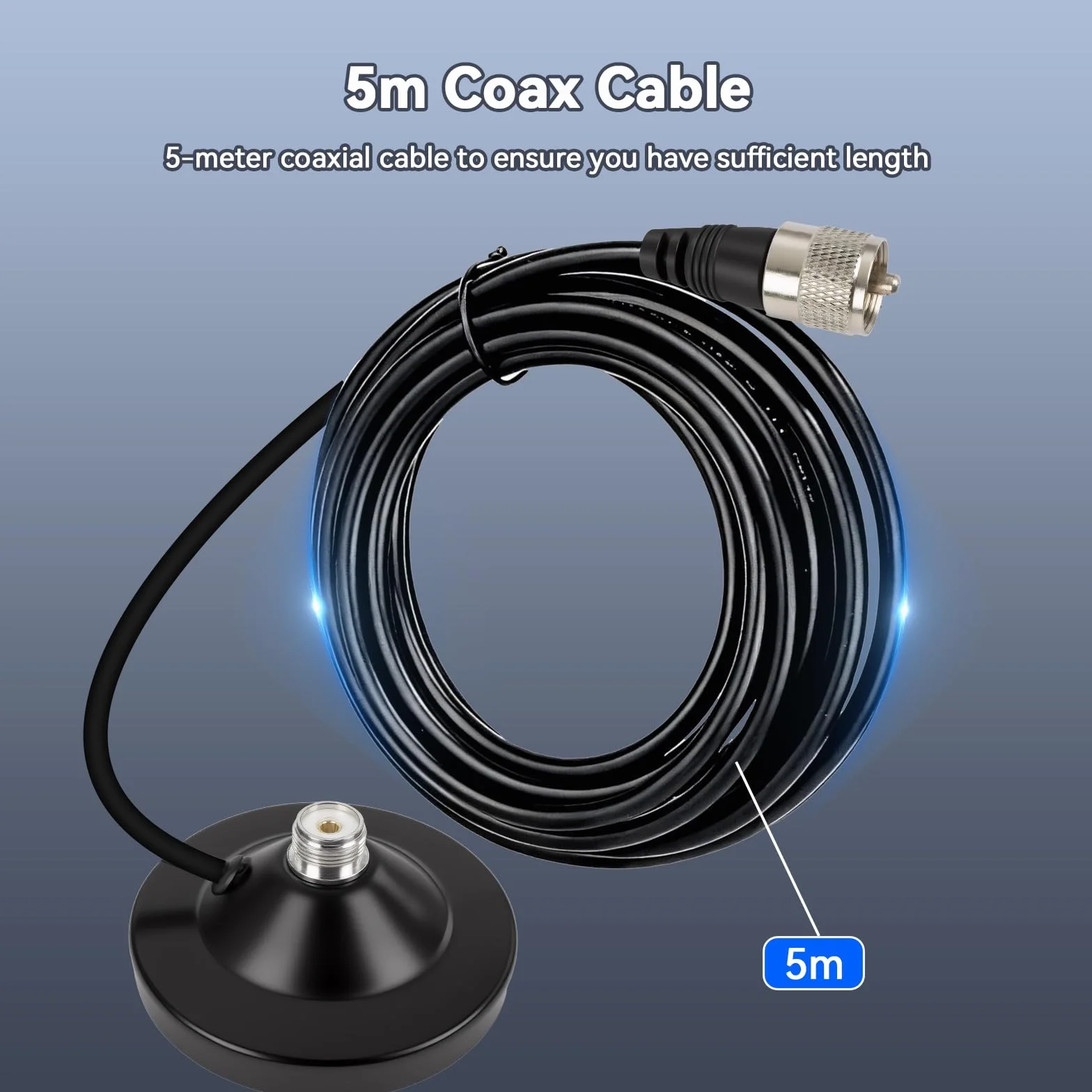 Retevis MR500 CB Antena, Longitud 1,2 m, 50Ω, PL259, Montaje Magnético, Acero Inoxidable, Antena de Radio CB, Cable RG58 de 5 m, Antena CB 27 mhz Coche Compatible con President Randy-III MB62 MB63A