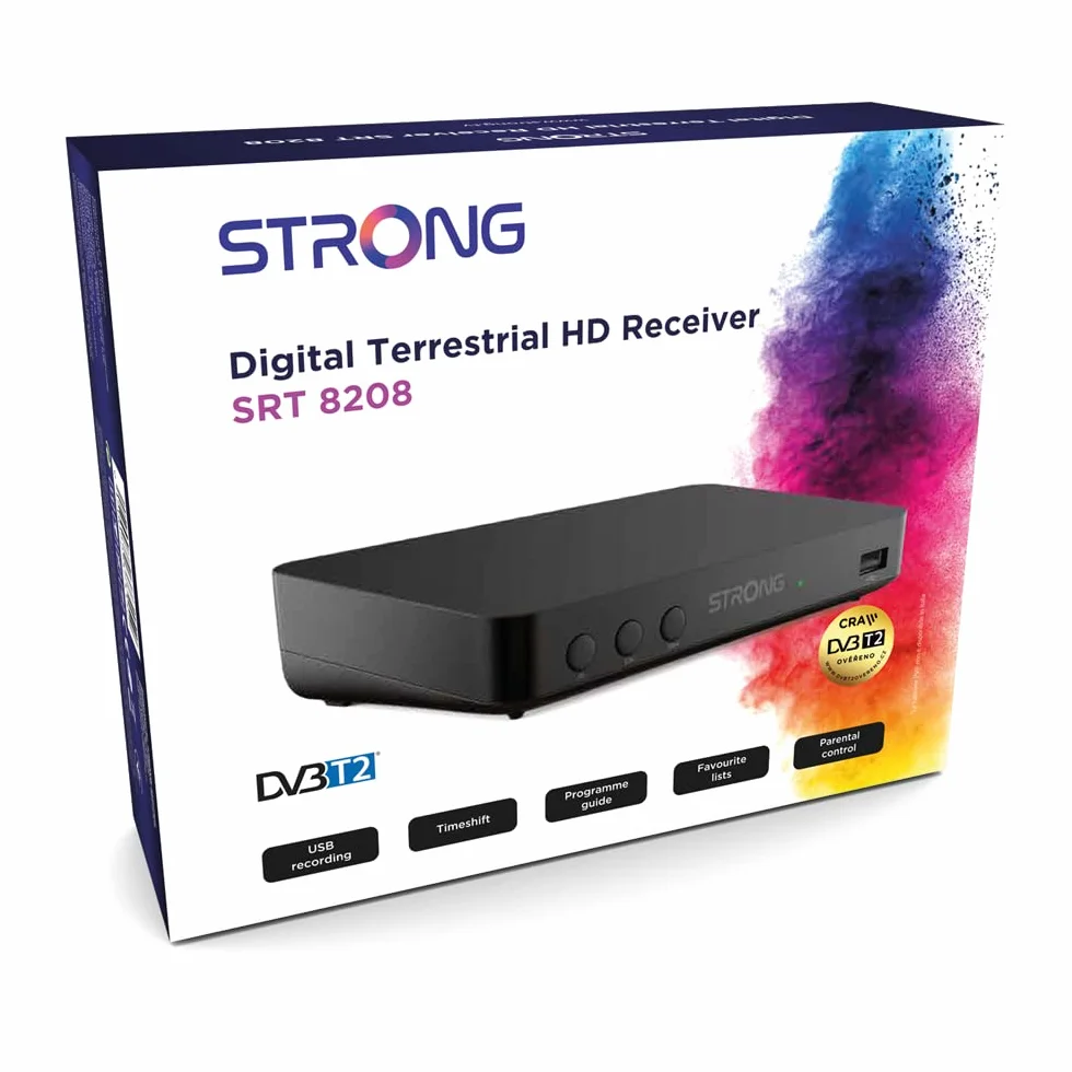 STRONG SRT8208 Decodificador TDT Full HD -DVB-T2 Compatible con HEVC265 - Receptor/sintonizador TV con función de grabadora (HDMI, USB, Dolby Digital Plus)