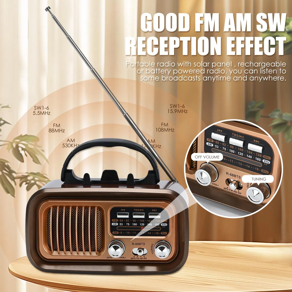 Radio Retro portátil, Radio portátil con Bluetooth, Am/FM/SW Bandas, Batería Recargable y Panel Solar-soporta Tarjeta USB/TF, emparejamiento TWS, diseño portátil para Cocina, baño, Viajes (café)