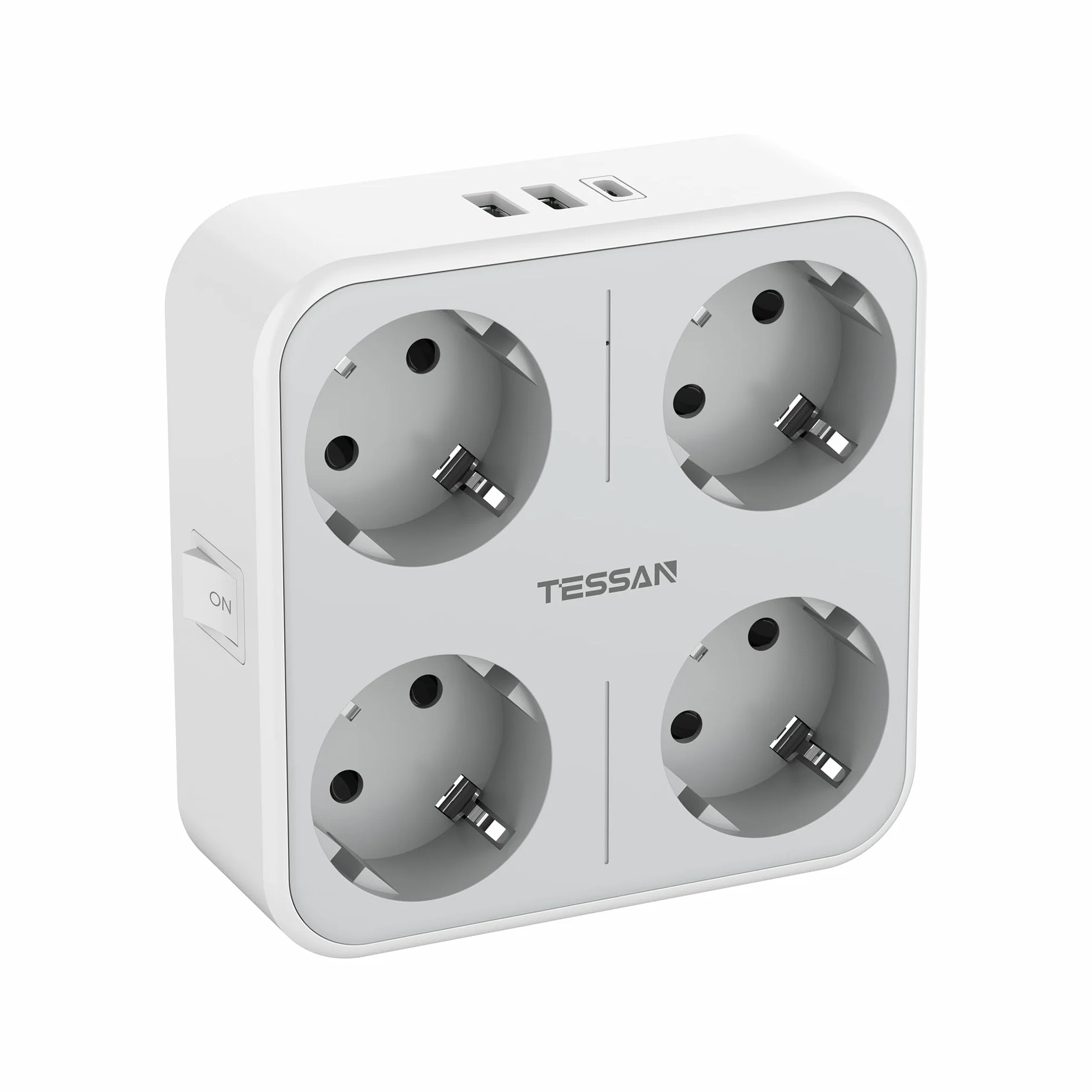 TESSAN Ladron Enchufes Plano con USB C, Enchufe Multiple 4 Schuko con 3 USB, Cargador Multiple 4000W, 7 en 1 Ladron con Interruptor, Regleta Pared para Oficina, Cocina, Gris