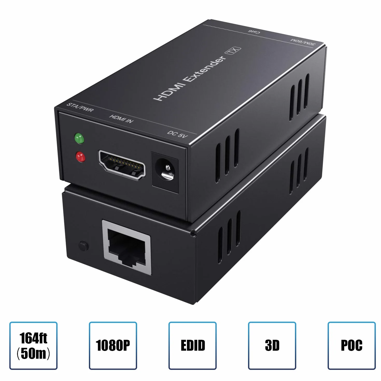 PWAYTEK Extensor HDMI 1080P@60Hz 3D, transmisión sin compresión 50m Cat5e/Cat6/Cat7, funciones EDID y POC, set transmisor y receptor (Negro)