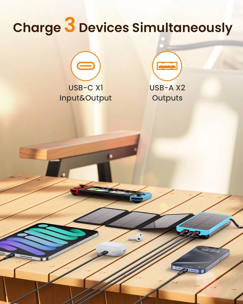FEELLE Cargador Solar Power Bank 25000mAh, Batería Externa con Doble Salida USB de 3,0 A y 4 Paneles Solares Plegables Cargador Portátil para Smartphone, Tablet y Más (Azul)