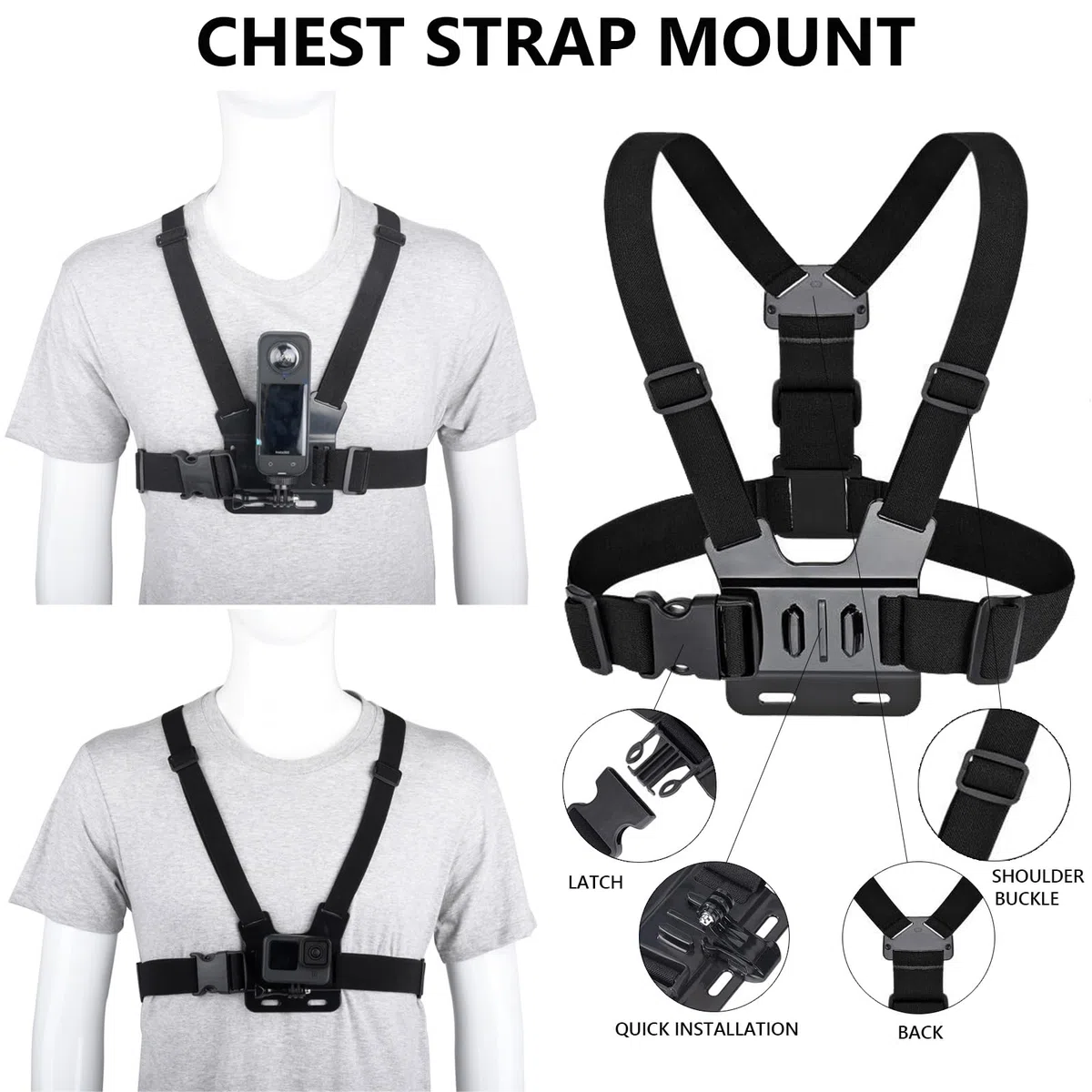 10 Piezas Accesorios Action Camera para Insta360 X5 X4 X3 Ace Pro,Soporte movil Pecho,Correa para la Cabeza y muñeca,Mochila Clip y Tapa de Lente de Silicona Compatible con GoPro Hero,Negro