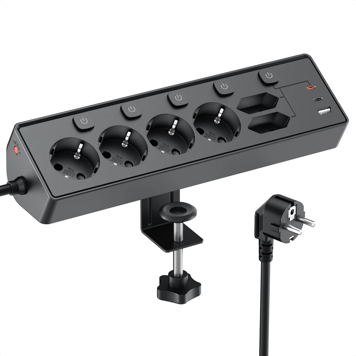 Regleta Escritorio con USB C (PD 30W), Interruptores Individuales Toma de Corriente de Escritorio, Regletas Enchufes Proteccion Sobretension, Cable de 2 Metros para Oficina en Casa,Cable 2M,Negro