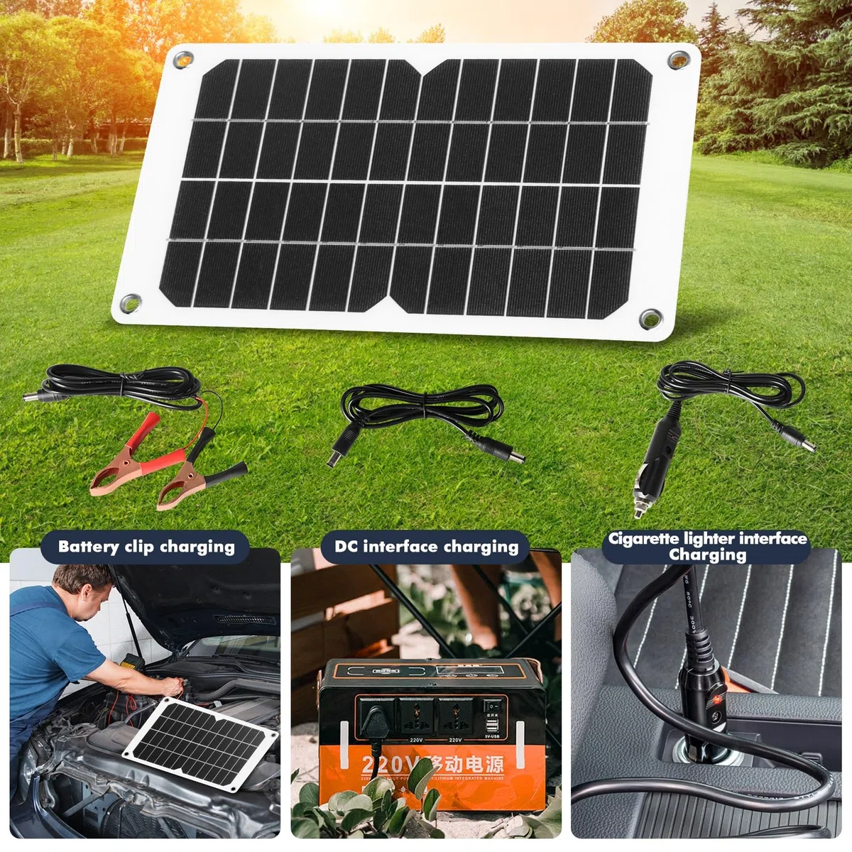 Jadeshay Panel Solar Portátil Kit,20W 12V Cargador Solar Movil Placa Solar Portatil para Luces de Jardín Viajes al Aire Libre Camper Teléfono con Conector de Cargador de Coche y Agujero de Instalación