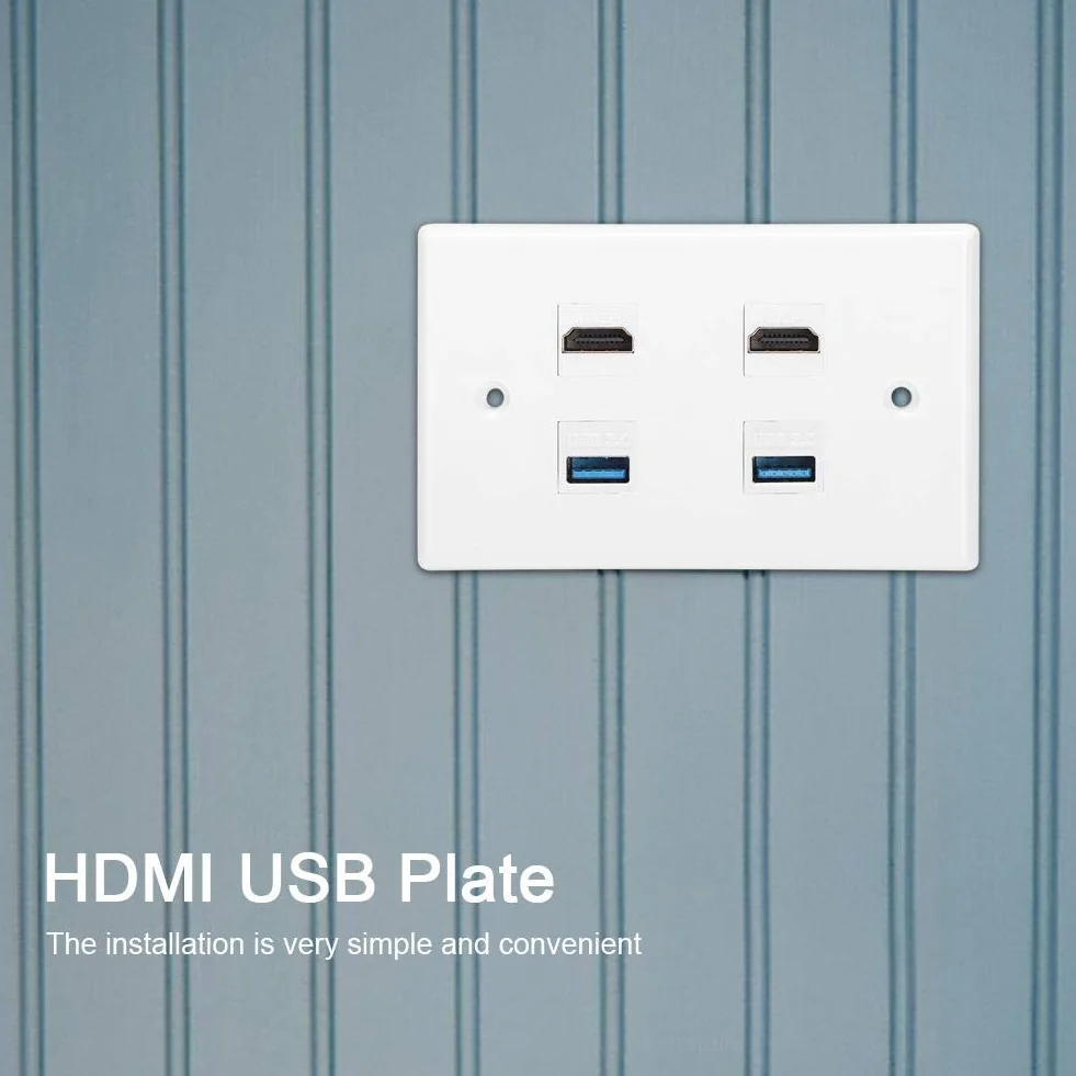 Fditt 2 puertos HDMI y USB Placa de panel de pared Keystone HDMI Hembra a hembra Hebilla de montaje Salida de pared Cargador USB Placas de pared con tapa