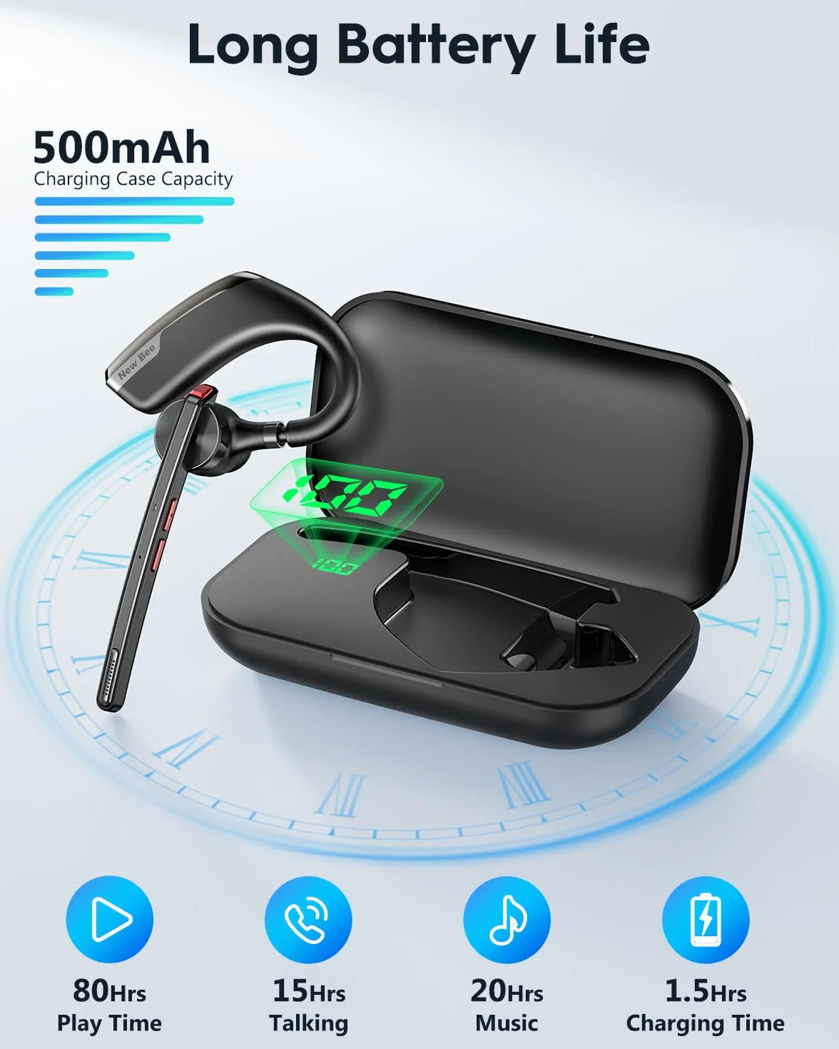 New Bee Auriculares Manos Libres V5.2 Auricular Bluetooth Inalámbrico Negocio con Micrófono con Doble ENC Cancelación de Ruidos Auricular de Ergonomía Peso Ultraligero