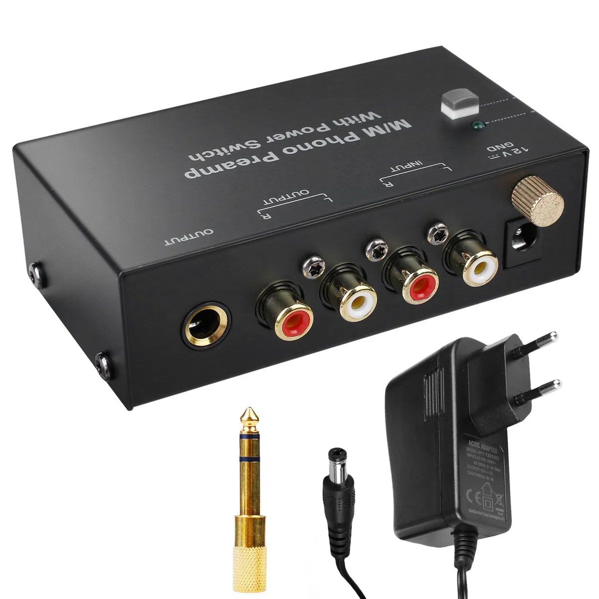 Preamplificador Phono para Tocadiscos MM – Previo Phono con Entrada y Salida RCA, Amplificador Estéreo con Control de Nivel, Interruptor Frontal, Negro