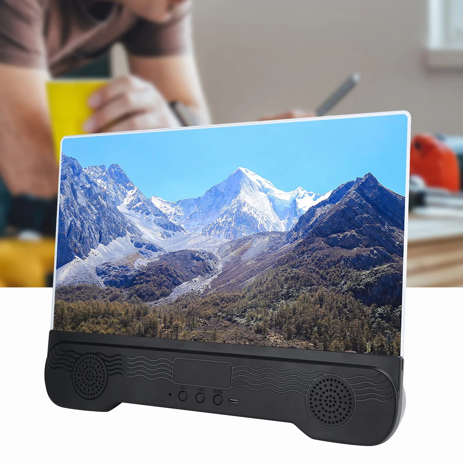 Denash Lupa de Pantalla de Teléfono de 14 Pulgadas, Tecnología óptica de Zoom HD con Altavoz, Material Antiluz Azul y Antideslumbrante, Soporte Ajustable para Teléfonos Inteligentes