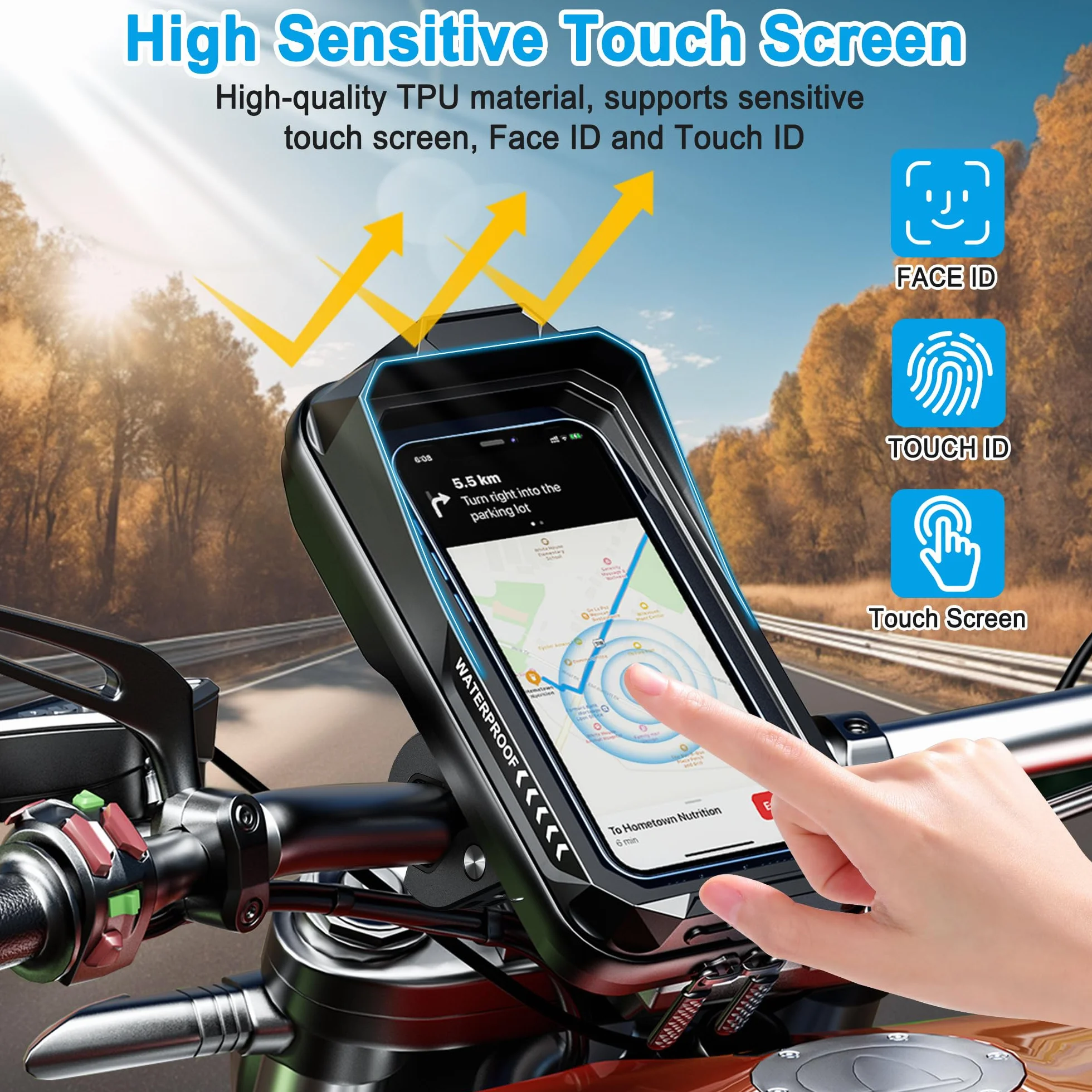 Soporte Móvil Moto Scooter Anti Vibración Universal Soporte Movil Bicicleta Montaña 360°Rotación Porta Móvil Bici Impermeable Soporte Telefono Manillar con Pantalla Táctil