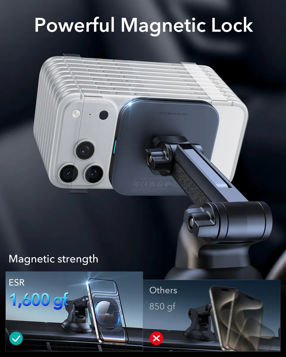 ESR HaloLock Cargador Inalámbrico Magnético para Salpicadero, Carga Rápida, Soporte Movil Coche Salpicadero Compatible con MagSafe, Compatible Serie iPhone 17/17e/16/15/14/13/12, S26/S25, Negro