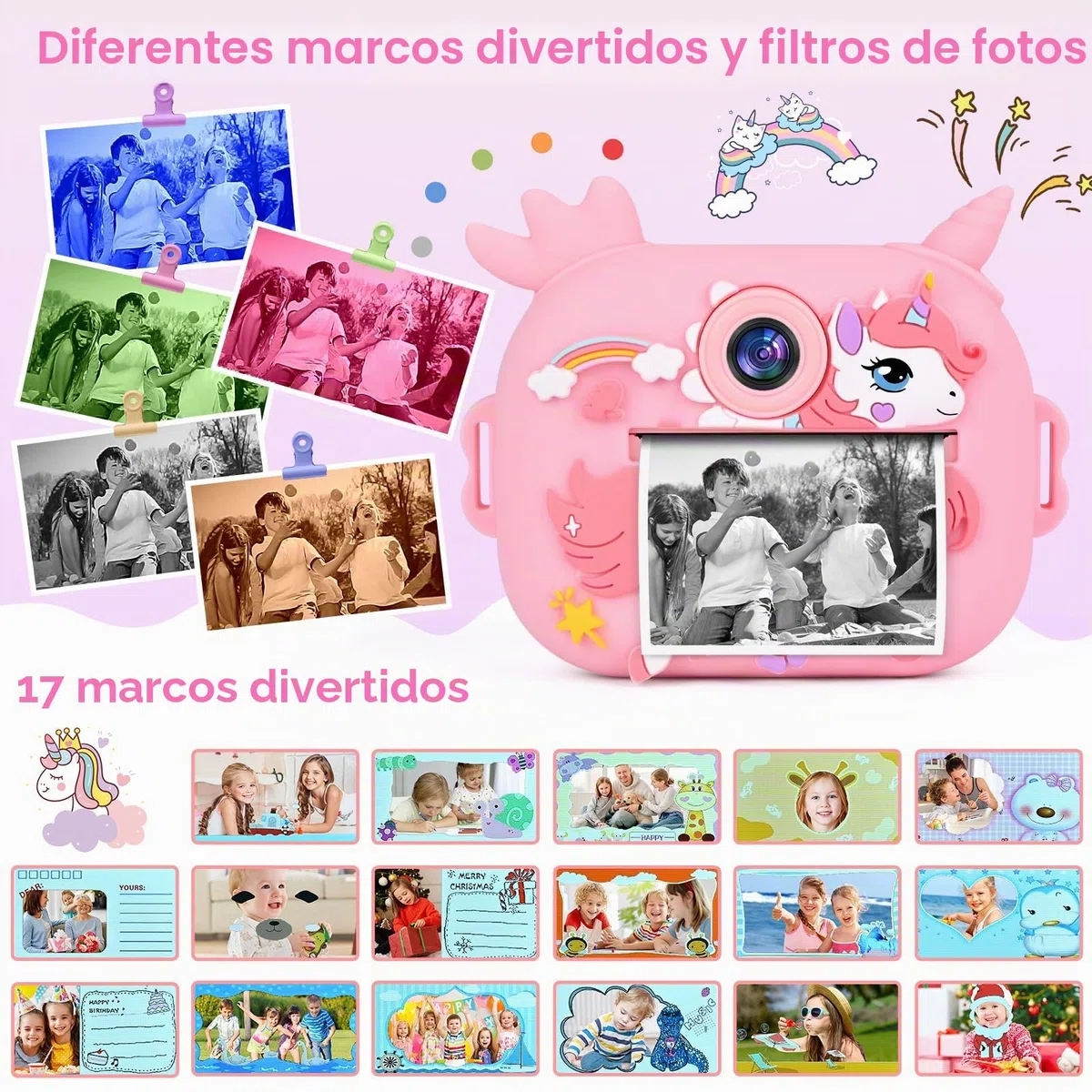 Camara Fotos Infantil Instantanea, Ambesty Camara Fotos Infantil, 2.4" HD Cámara Instantánea con Tarjeta 32GB y Papel de Impresión, 1080P HD Video Cámara, Regalos para Niños y Niñas de 3-12 (Rosa)