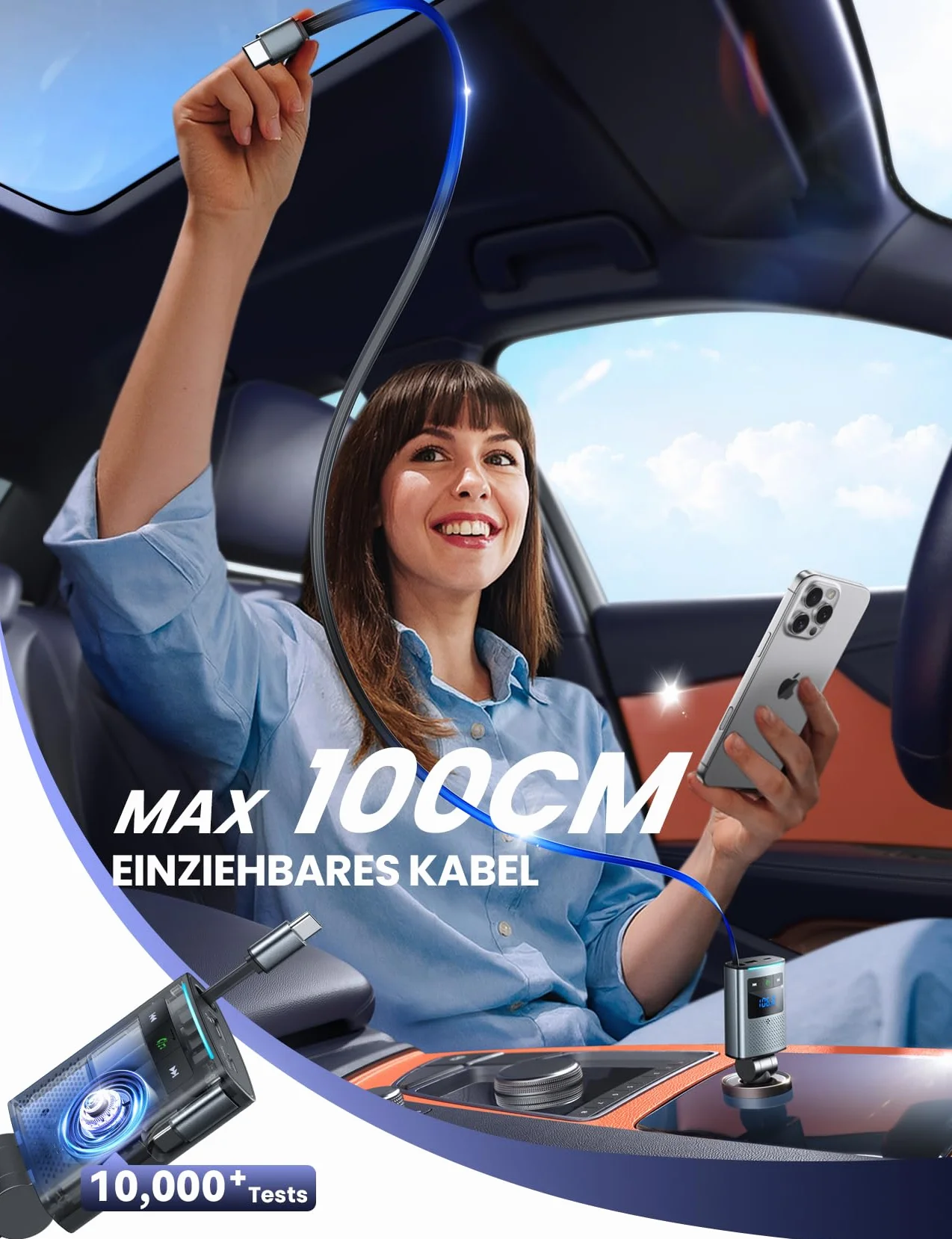 JOYROOM 90W Transmisor FM Bluetooth 5.4 Coche, 【100cm Cable Retráctil】 2025 Manos Libres Coche Bluetooth, 24V/12V Cargador Coche Carga Rápida, Accesorios Coche Interior para iPhone 17/Samsung