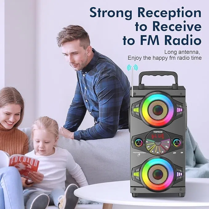 Altavoces Bluetooth portátiles de 60 W, gran potencia, inalámbricos, sonido estéreo de graves potentes, Boombox para fiestas en casa, altavoz con subwoofer, radio FM y luces LED de colores. (Negro)