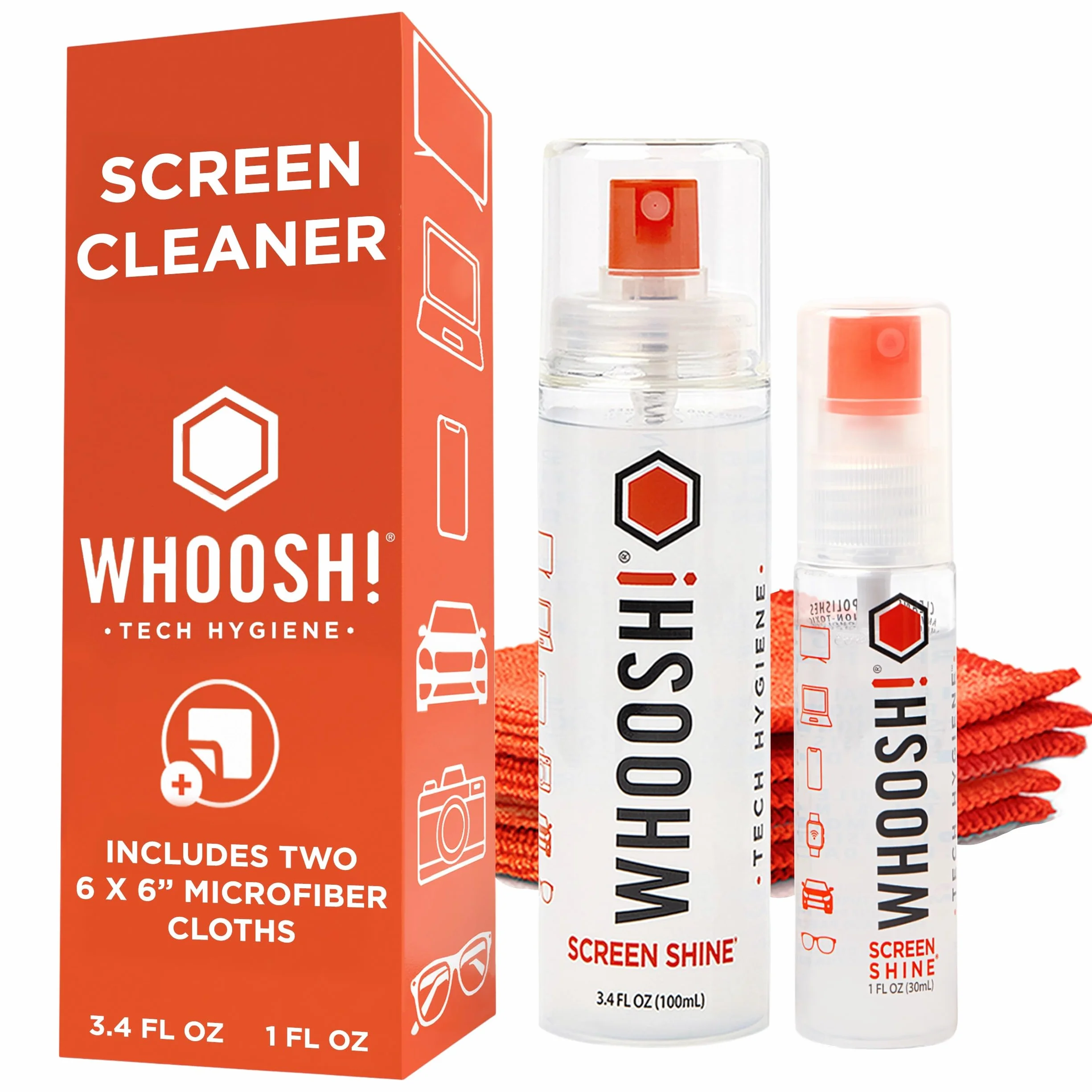WHOOSH! Limpiador pantalla móvil Duo XL para iPhone, gafas y MacBook – 30 ml + 100 ml con paños de microfibra, limpiador pantalla táctil sin fugas, elimina huellas y manchas, ideal casa y viaje