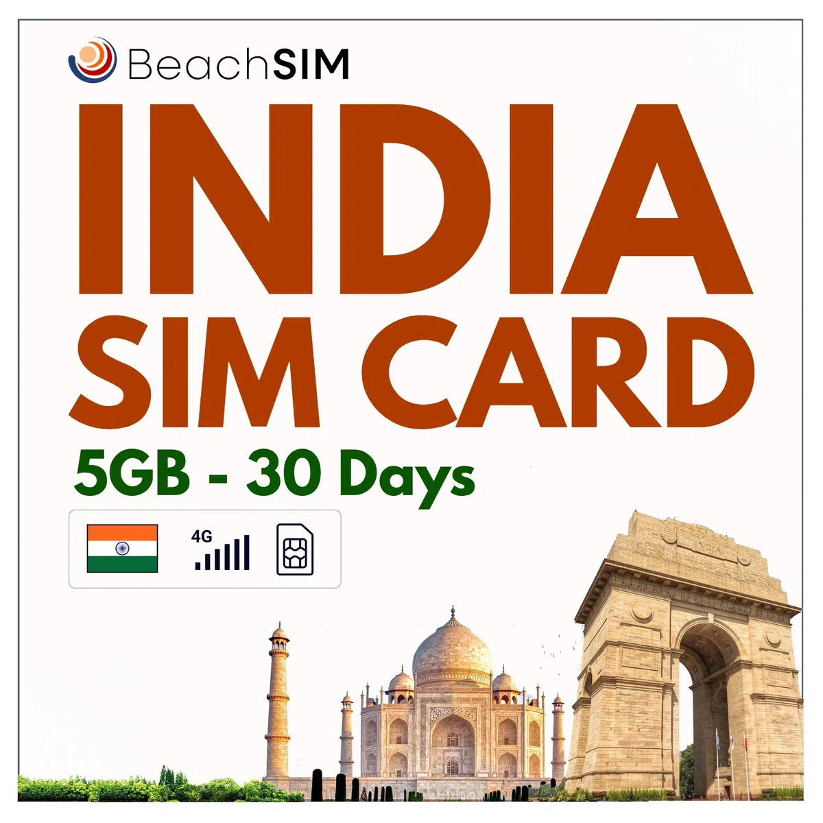 Tarjeta SIM India 30 dias. 5GB de Datos a velocidades 4G/5G. Solo SIM de Datos prepago. Activación rápida. Fácil Recarga. Funciona en Dispositivos iOS y Android.