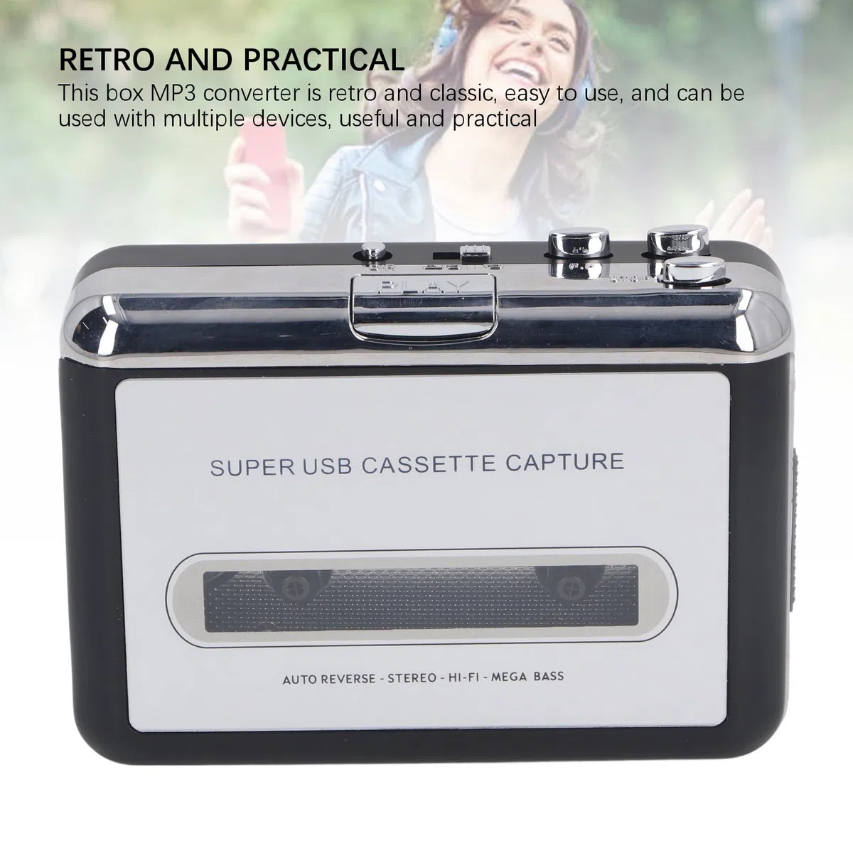Box Convertidor de MP3, Reproductor de Cinta de Cassette, Convertidor de Cinta de Cassette a MP3 con Auriculares Integrados, Adaptador Portátil USB Captura Música para CD, Plug