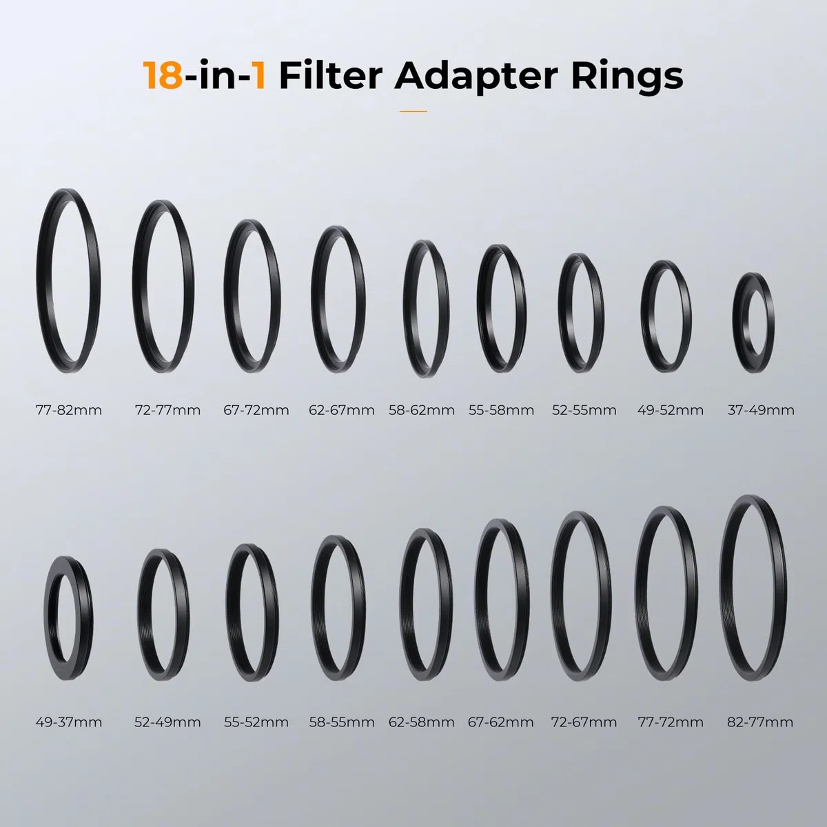 K&F CONCEPT 18 Piezas Filtro Anillos Set Adaptador de Lentes Metal Incluye 9pcs Step Up Ring y 9pcs Step Down Ring