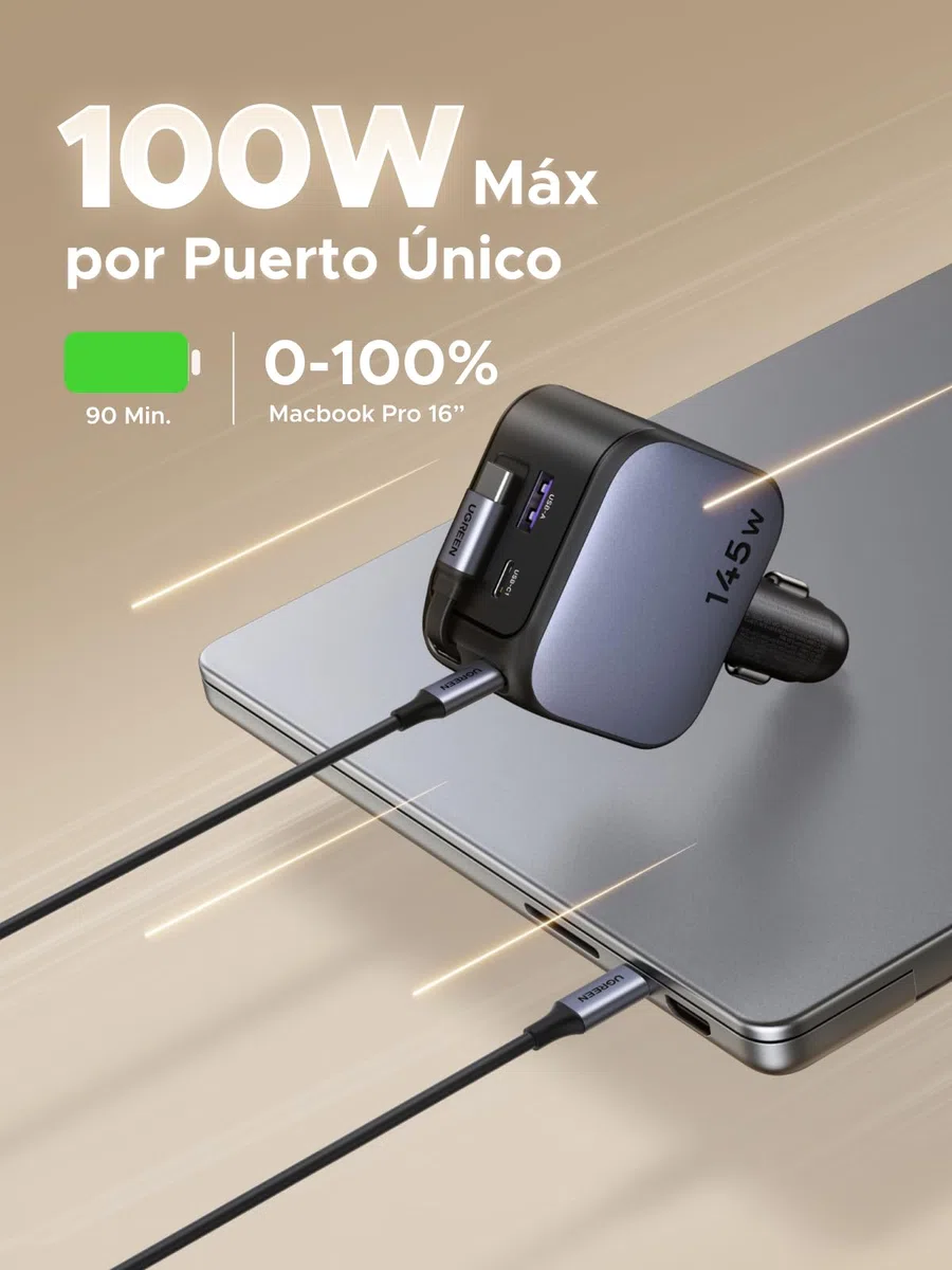 UGREEN 145W Cargador Coche Retráctil Carga Rápida, Car Charger USB C 4 Puertas con Cable Retractil, Compatible con iPhone 17 Pro MAX Air/iPhone 16/15/14, Galaxy S25/24, Pixel 10/9, MacBook, iPad Pro