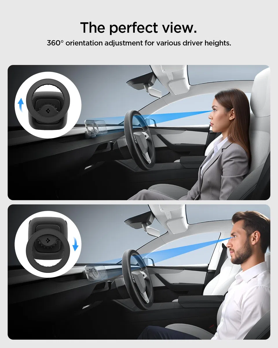 Spigen Tesla Model Y Juniper 2025~ & Model 3 Highland 2024~ (Solo Standard & Premium, NO Compatible con Performance) Soporte Movil Coche MagSafe, Accesorios Tesla Compatible con iPhone 17 17e 16 15 13