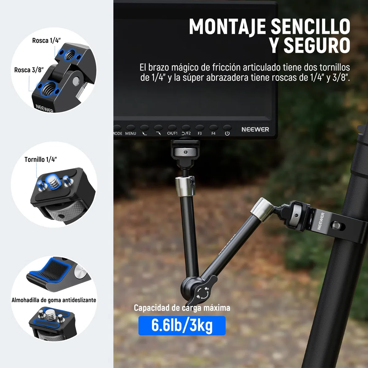 NEEWER 11" Magic Arm Clamp Mount Articulado con Super Clamp, Cámara Monitor Mount con 1/4" 3/8" ARRI Localización Pasador y Orificio para DSLR Cámara Acción Luz Compatible con SmallRig Jaula, ST16C