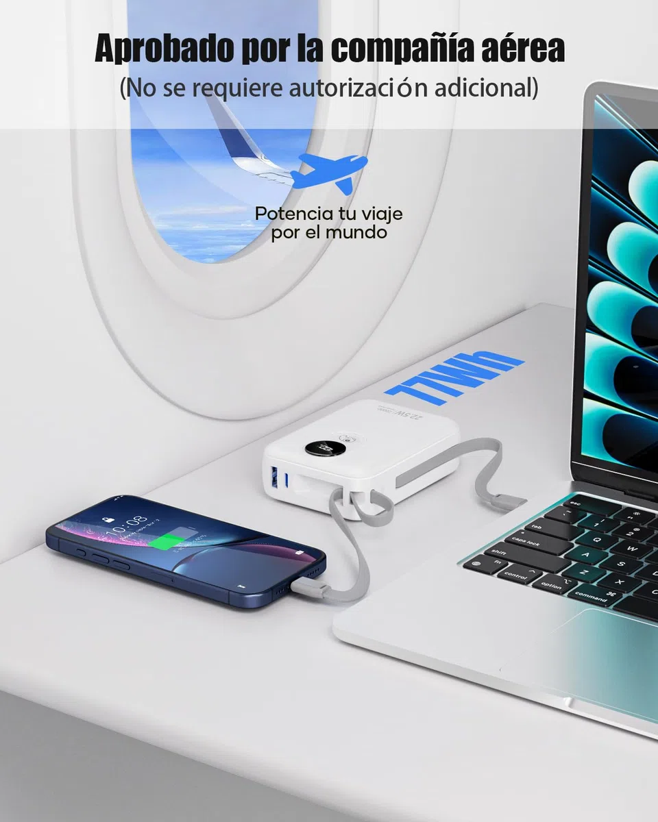 20000mAh Power Bank con Cable Incorporado: Batería Externa de Carga rápida de 22.5W para teléfono móvil, Battery Pack USB C (Entrada y Salida), Cargador portátil con 4 Salidas y 2 entradas-Blanco