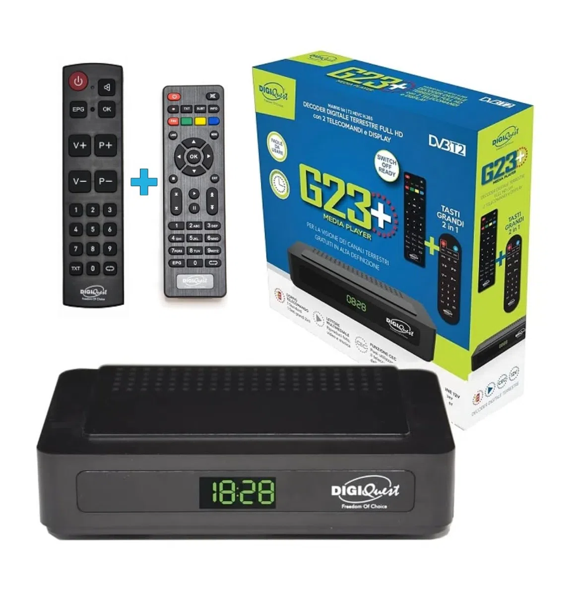 Receptor TDT HD DVB-T2 Digiquest G23 HEVC H.265 10bit Full HD FTA, Sintonizador TDT HD, DVB-T2, USB, HDMI, SCART, Ethernet LAN RJ-45, Mando a distancia adicional para personas mayores, Negro, Plástico