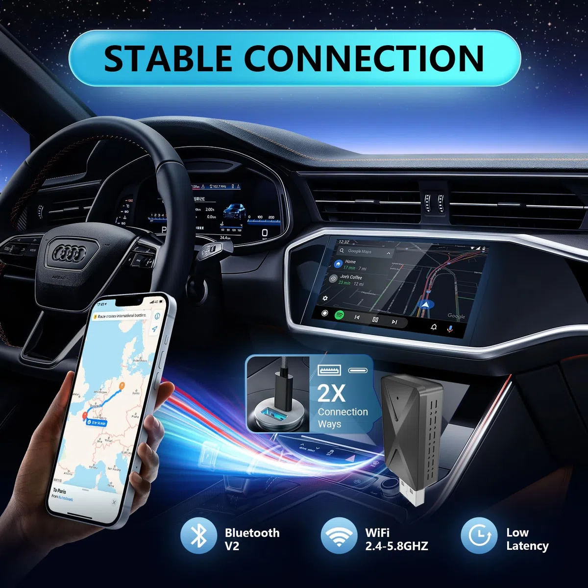 Adaptador inalámbrico 2 en 1 para Apple CarPlay y Android Auto, Conexión Rápida & Sin Retraso, Convierte Android Auto/Car Play Cableado a Inalámbrico para iOS 10+ y Coches de 2017+ (USB-A/C)
