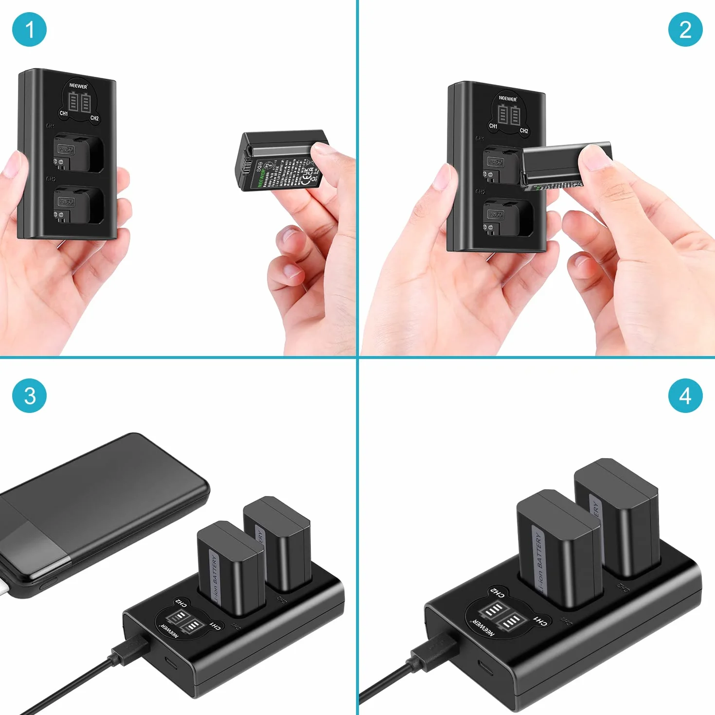 NEEWER NP-FW50 Juego de Cargador de Batería de Cámara para Sony ZV-E10 A7 A7R A7RII A7II A7SII A7S RX10 Series (Paquete de 2 Baterías de Repuesto de 1100mAh MicroUSB y Entrada tipoC Dual Cargador)