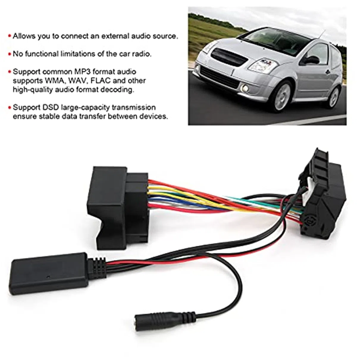 Cable Bluetooth, adaptador Bluetooth, cable Bluetooth de 12 pines y 12 V, adaptador de audio estéreo ABS con micrófono de repuesto, for Peugeot 207, 307, 407 y 308 Adaptador de micrófono de au
