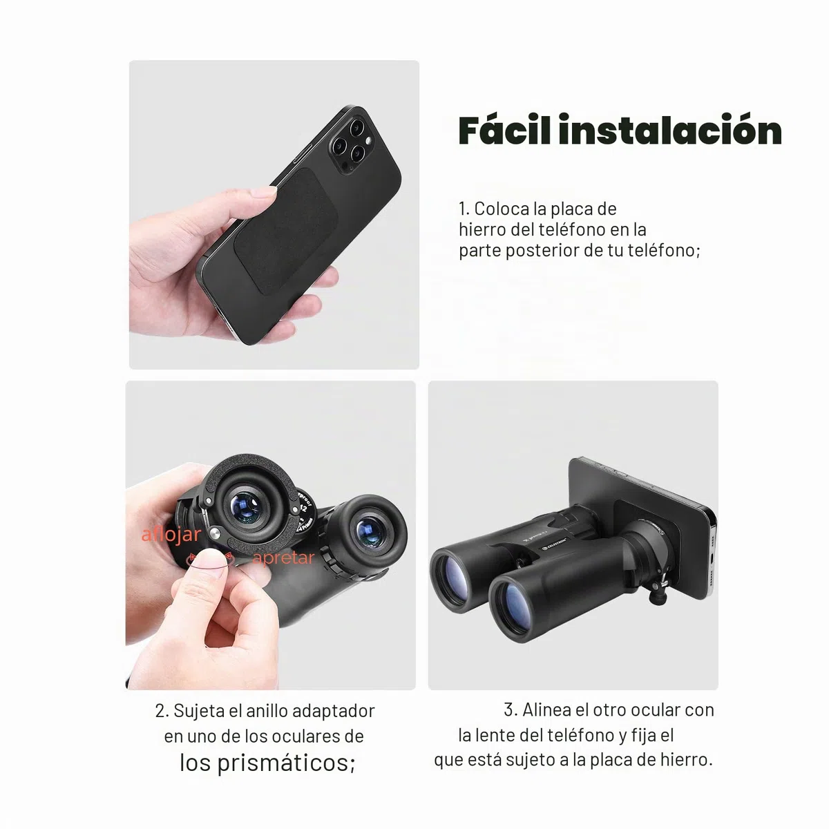 SUNWAYFOTO BA-43 - Adaptador de teléfono móvil para binoculares, soporte universal para smartphone para binoculares, compatible con ocular de diámetro exterior de 38 a 45 mm