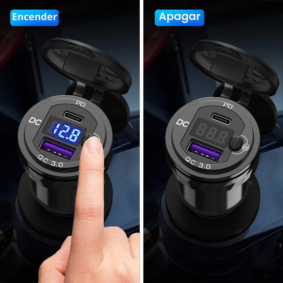 Qidoe Adaptador de Cargador USB Moto DIN: Enchufe USB Hella de Aluminio PD y QC3.0 con Pantalla LED Voltaje e Interruptor para 12V-24V Motocicletas Ducati, Triumph, BMW y Otras Motos Estilo Europeo