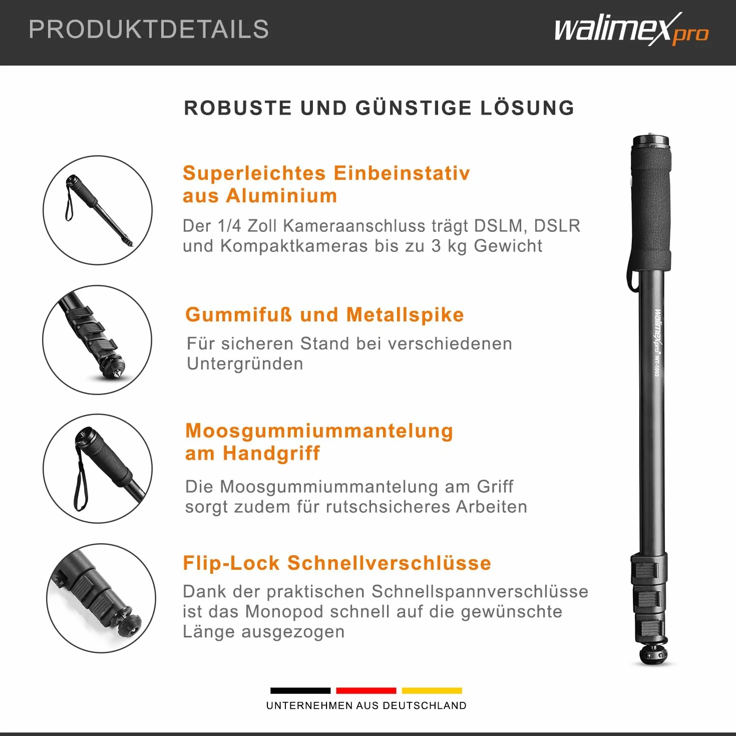 Walimex Pro WT-1003 - Trípode monopíe de Aluminio, Color Negro