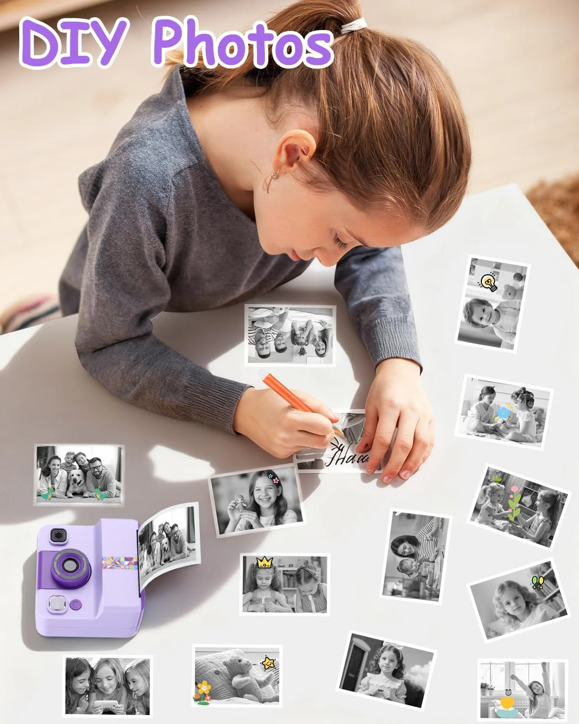 Cámara instantánea para niños, 1080P HD, cámara instantánea con impresión instantánea, tarjeta SD de 32 GB y 5 rollos de papel fotográfico, regalo para niñas y niños a partir de 3 – 12 años