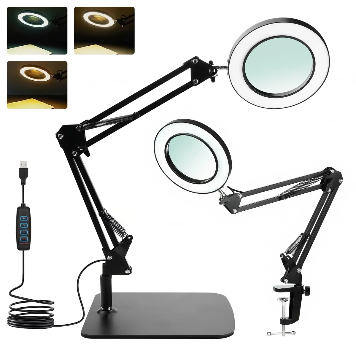 Lupa de 15 aumentos con luz, lámpara de escritorio LED con base y clip, luz de lupa LED con 3 modos de color, regulable, para reparaciones de bricolaje, macro, dibujo y lectura