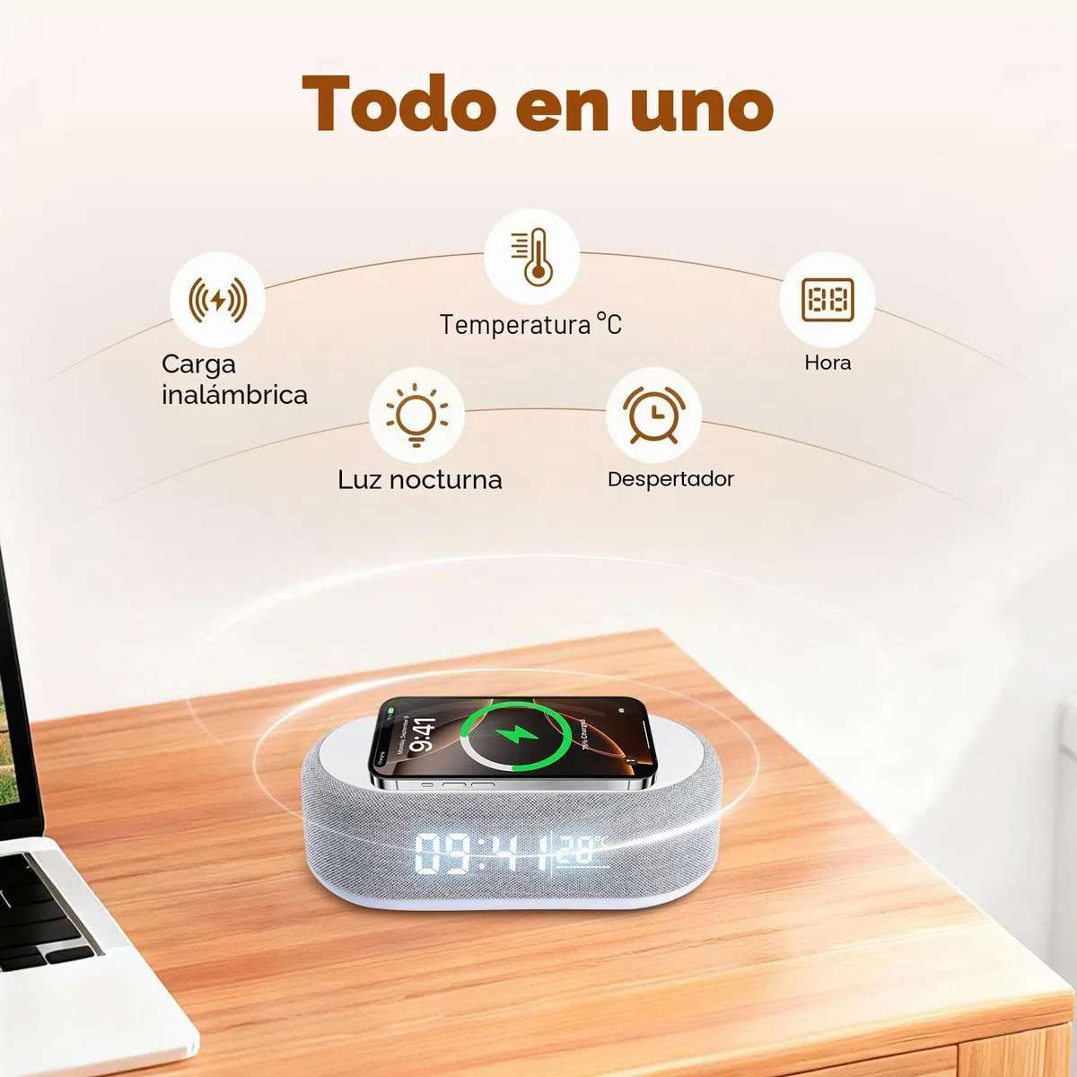 Despertador Digital 4 en 1, Cargador Inalámbrico, Despertador Inteligente con indicador de luz y Temperatura, Brillo Ajustable