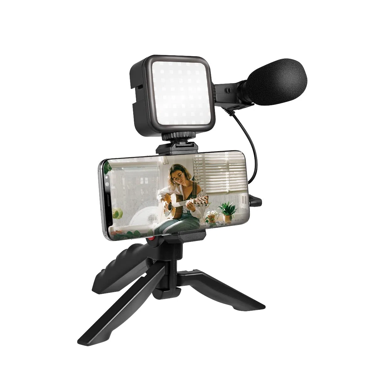 LogiLink Vlogger - Kit de 36 Luces LED con micrófono y trípode para Smartphones de 4,7 a 7", Color Negro