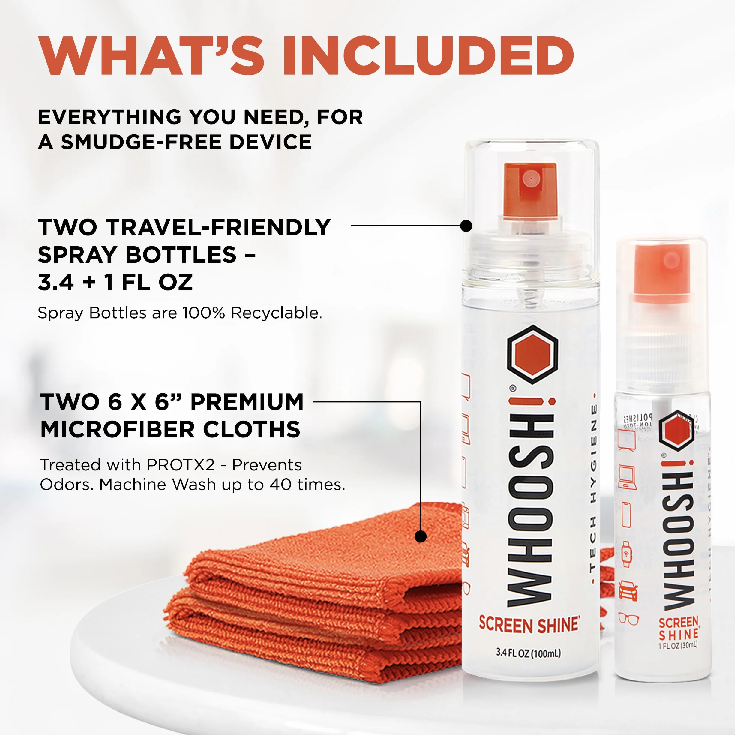 WHOOSH! Limpiador pantalla móvil Duo XL para iPhone, gafas y MacBook – 30 ml + 100 ml con paños de microfibra, limpiador pantalla táctil sin fugas, elimina huellas y manchas, ideal casa y viaje
