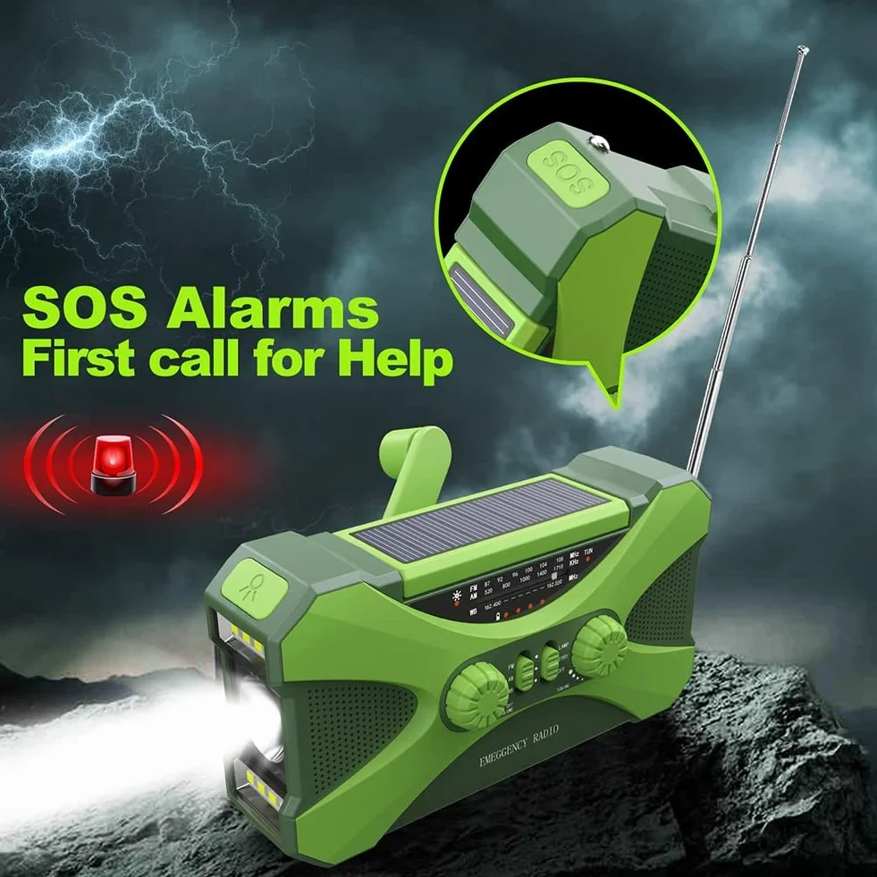 TsoLay Radio de Emergencia de 10000MAh, Radio de Manivela Solar, Portátil con Cargador de Teléfono, Linterna LED Verde