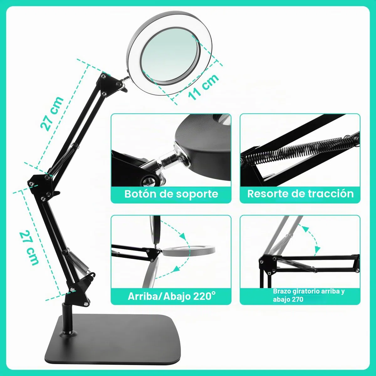 Lupa de 15 aumentos con luz, lámpara de escritorio LED con base y clip, luz de lupa LED con 3 modos de color, regulable, para reparaciones de bricolaje, macro, dibujo y lectura
