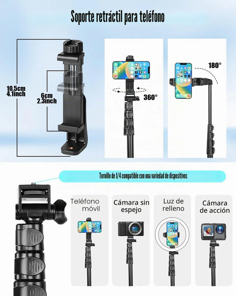 CAMBOFOTO 168CM Trípode para Móvil, se Puede Usar como Selfie Stick, Trípode Móvil Compatible con la Mayoría de Los Teléfonos Inteligentes,with Phone Clip