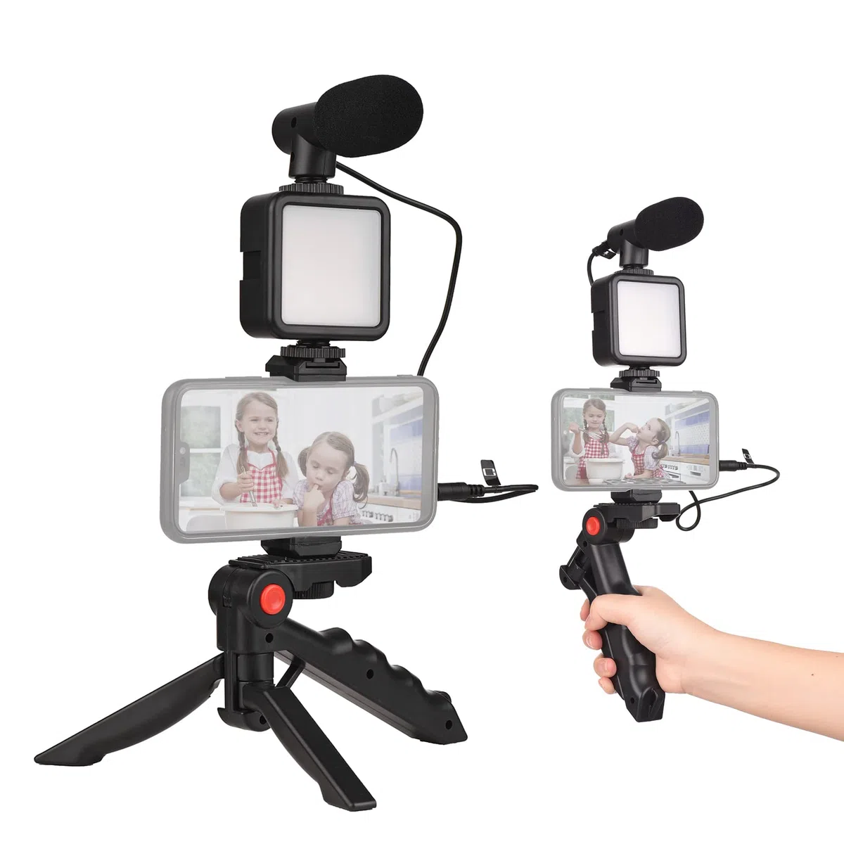 Andoer Kit de video para teléfono, luz LED cardioide + micrófono + clip extensible + trípode con brillo ajustable para vlog y transmisión en vivo