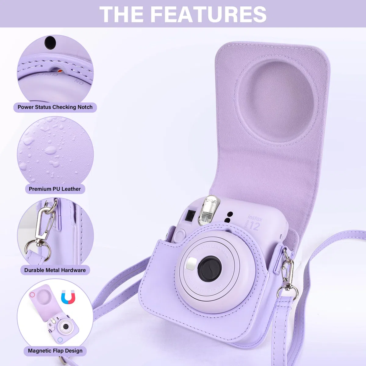 Estuche para cámara instantánea Compatible con Instax Mini 12, Bolsa de Cuero PU con Bolsillo, Correa Ajustable para el Hombro y Mini álbum de Fotos con 28 Bolsillos (Morada Puro)