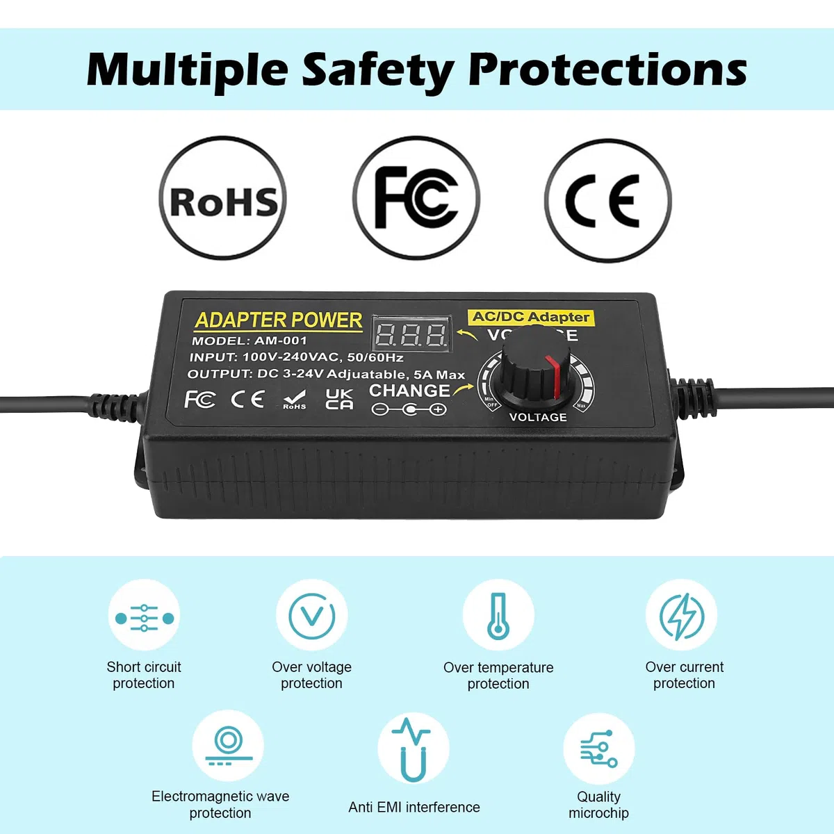 5A 120W Adaptador de Corriente Ajustable,Adaptador Universal de Corriente AC/DC 3V~24V Ajustable, Convertidor de 100V-240V AC a DC con 14 Puntas y Cable de polaridad de Corriente-5A Máx