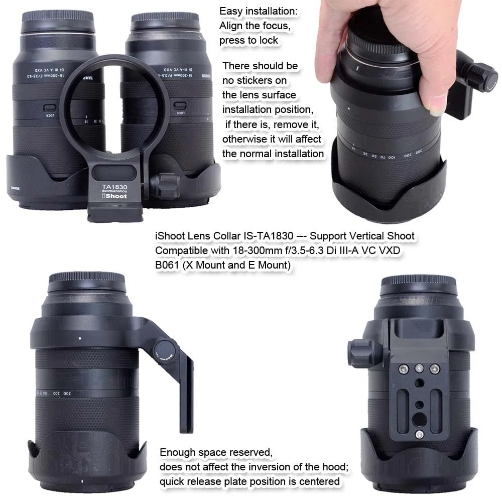 iShoot Anillo de Montaje en Trípode Collar de Objetivo Compatible con Tamron 18-300mm f/3.5-6.3 Di III-A VC VXD B061 (X/E Mount), Soporte de Lente es Arca-Swiss Fit Cámara Placa de Liberación Rápida