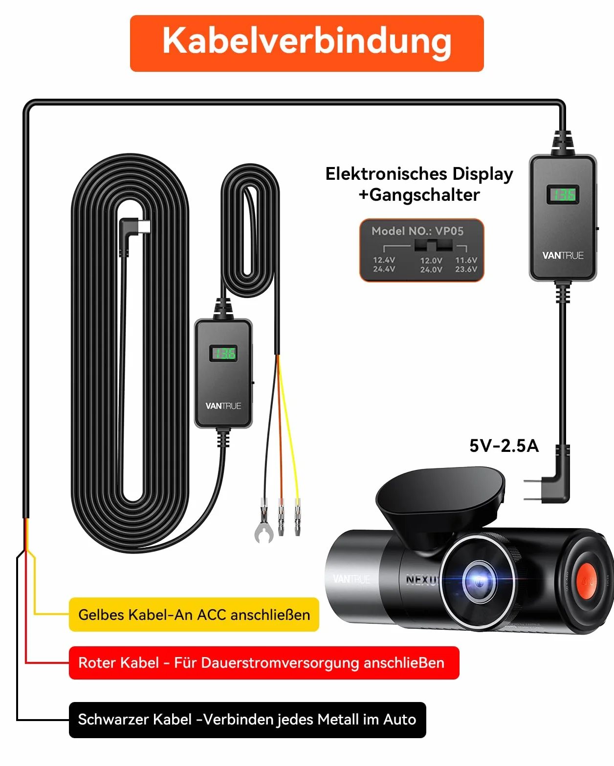 VANTRUE USB-C Display Hardwire Kit con 3 Stages Acc Cable para Dash CAM 11.6/23.6V 12/24V 12.4/24.4V a 5V Portafusibles con protección de bajo Voltaje 24H. Modo de estacionamiento
