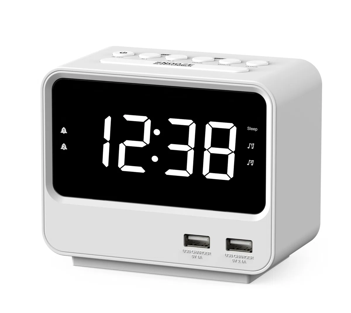 Radio-reloj Despertador para Dormitorios con Dos Puertos de Carga USB, Números Grandes con Brillo Ajustable, Radio FM Digital de Mesilla de Noche con Temporizador de Sueño, Volumen Ajustable, A23W