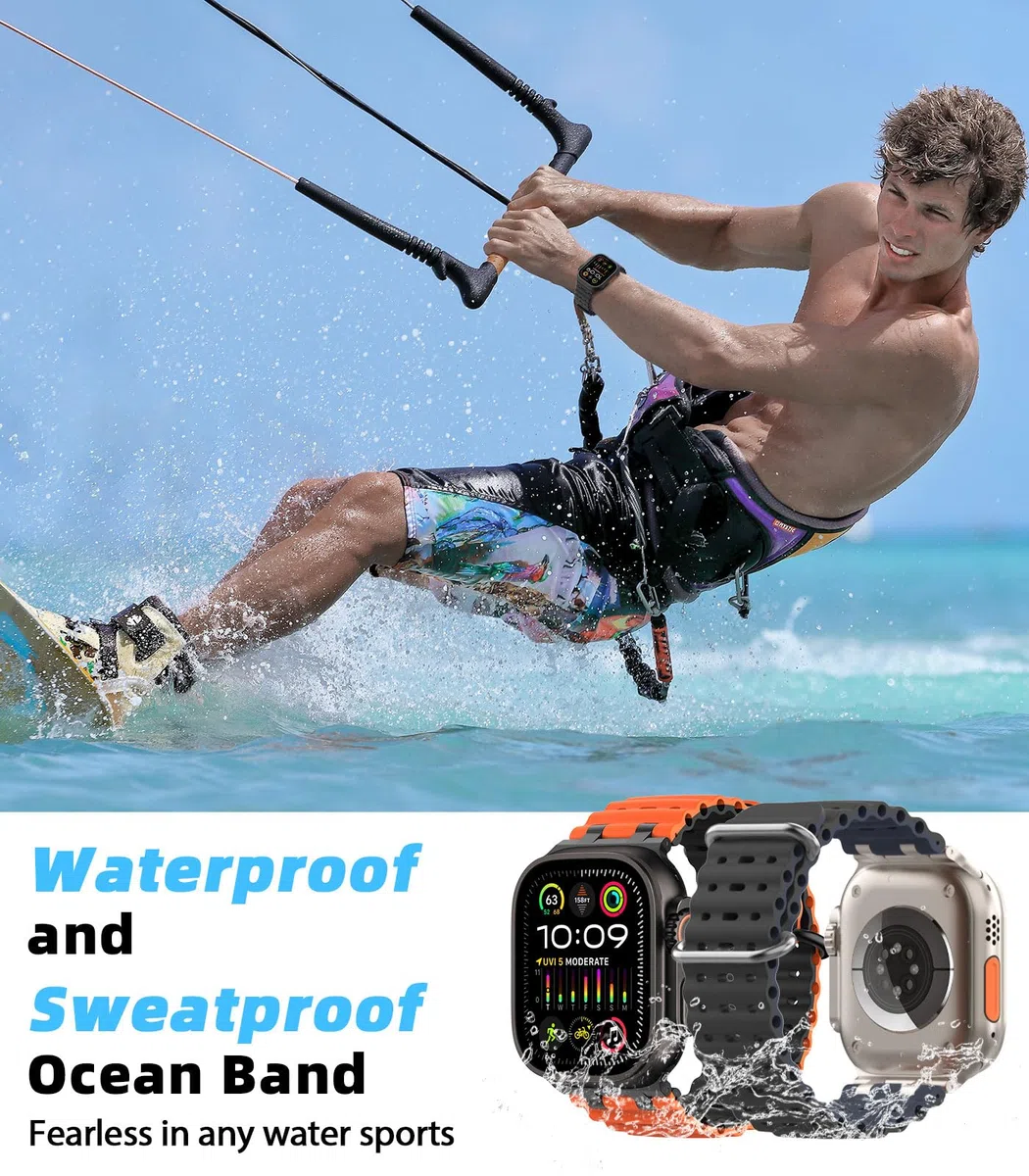 MoKo Correa Ocean Compatible con Apple Watch Ultra 3/2/1 49 mm, S11/S10 46 mm, 9/8/7 45 mm, SE3/SE2/SE/6/5/4 44 mm, 3/2/1 42 mm, Correa Deportiva de Silicona Transpirable, Negro/Negro&Azul Marino