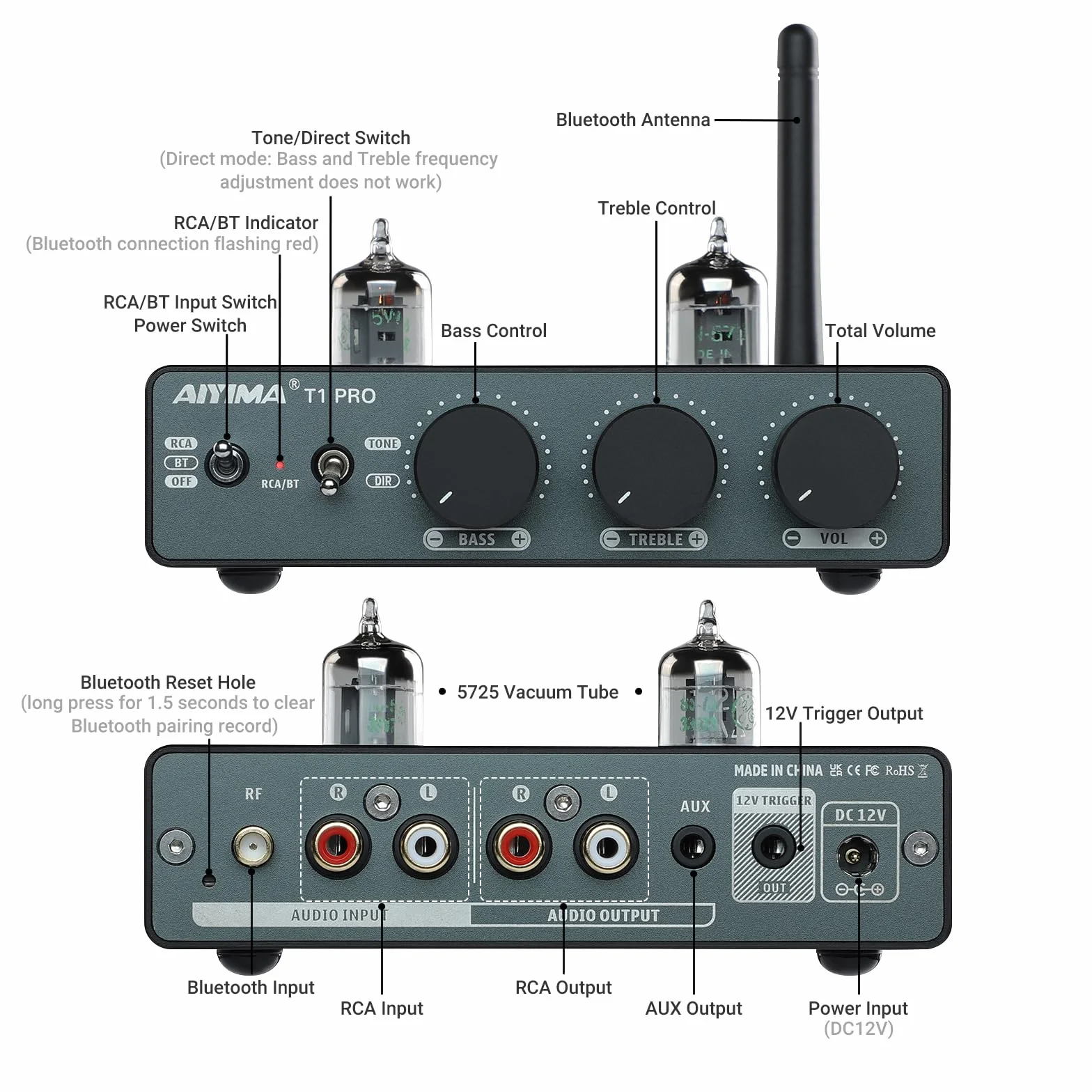 AIYIMA T1PRO Preamplificador de Tubo Audio Bluetooth 5.1 con Controles de Graves y Agudos