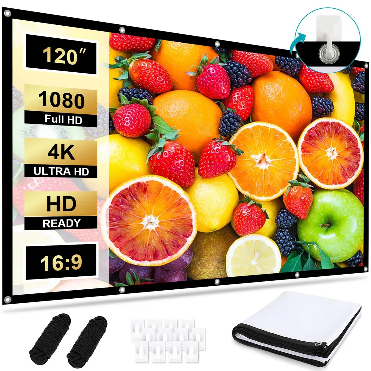 Pantalla Proyector 120 Pulgadas 16:9 4K HD, Pantalla de Proyección Portátil Plegable Antiarrugas Doble Cara 265 x 150 cm, Lona Proyector Fácil de Colgar, para Cine en Casa y Exterior